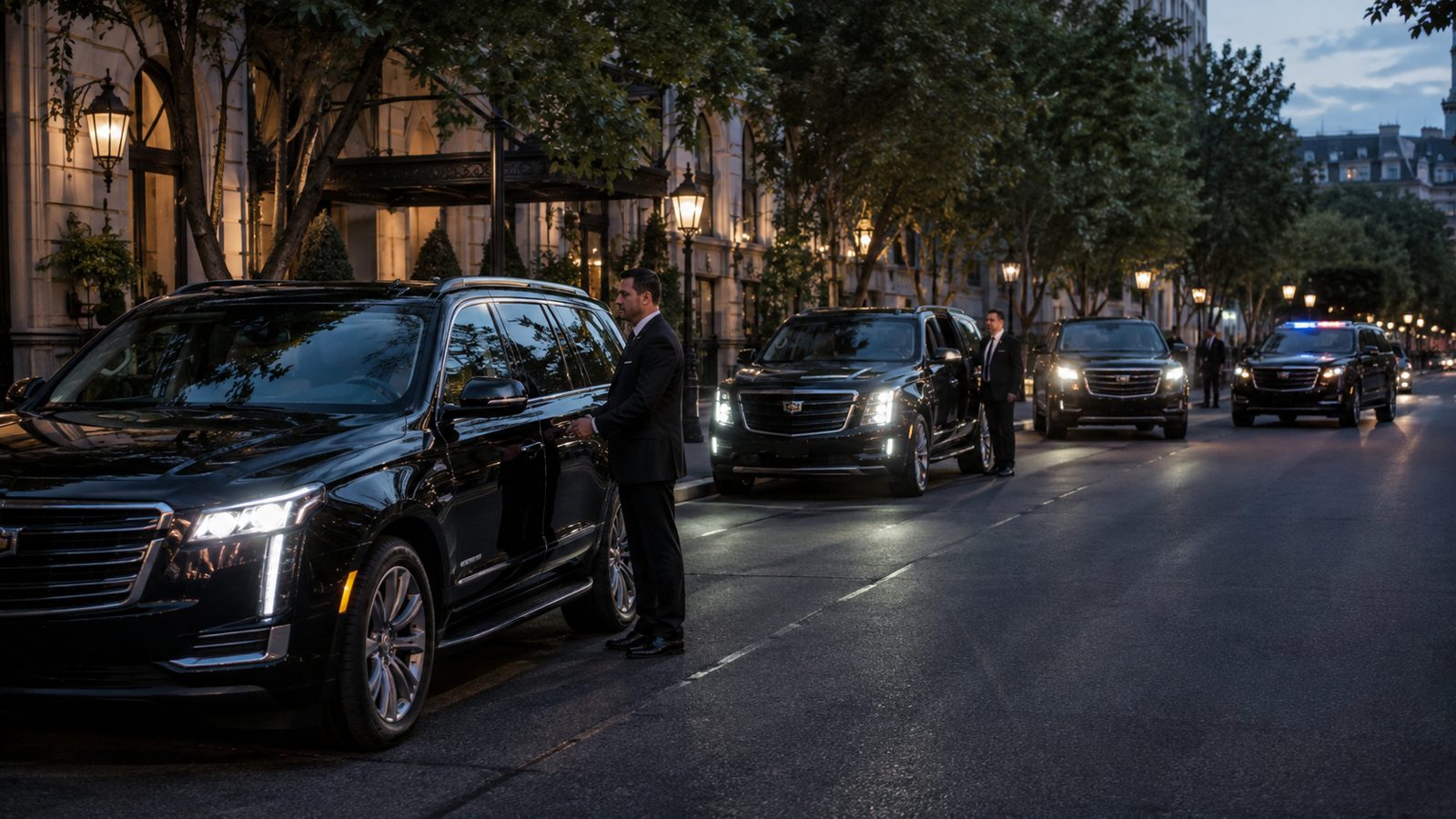 Armoured motorcade moving through a city at night