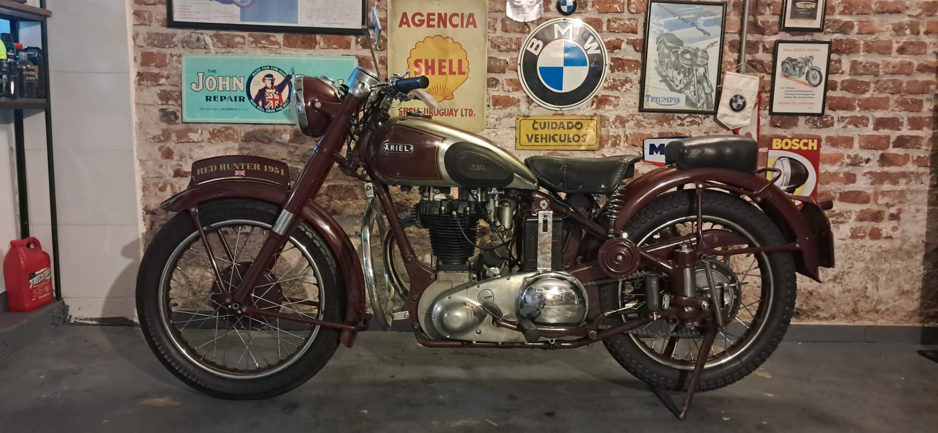 Maroon 1951 Ariel Red Hunter in profile after full restoration