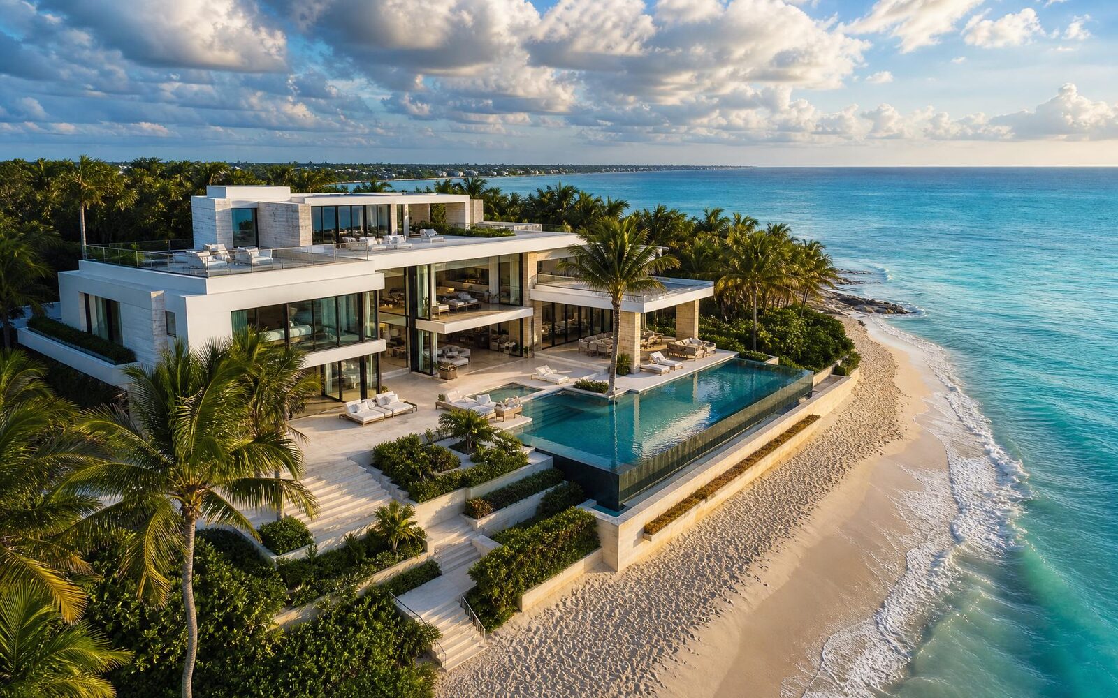 Aerial view of a modern multimillion-dollar oceanfront residence with infinity pool, palm trees and turquoise Atlantic shoreline