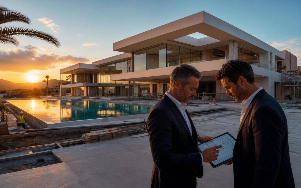 Two project directors reviewing tablet plans at a luxury modern estate construction site at sunset