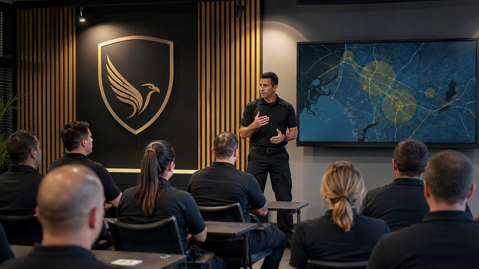 Senior instructor briefing a protection team in a training room