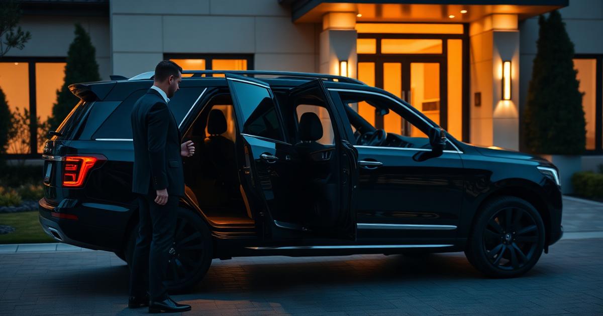 Chauffeur opening the door of a black luxury SUV at a private estate entrance