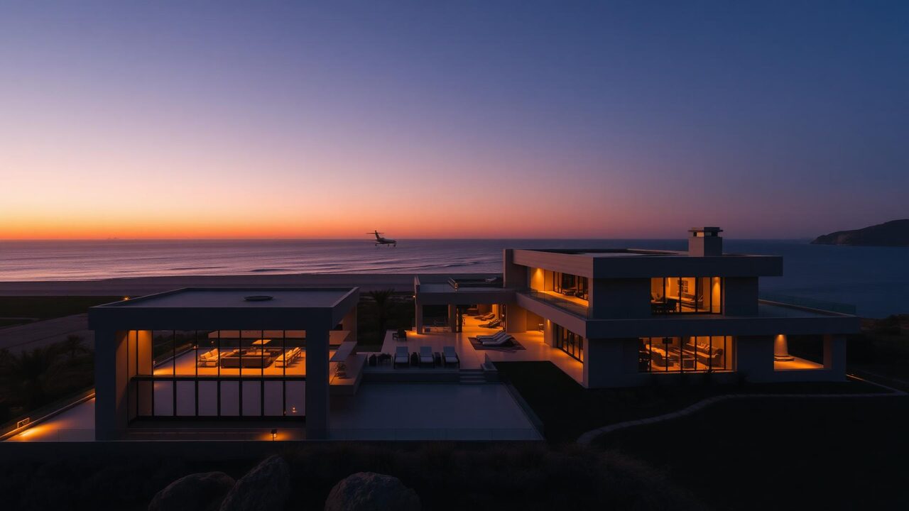 Luxury estate at golden hour with a private jet in the distance