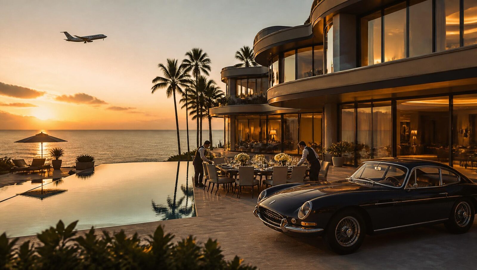 Oceanfront modern estate at golden hour with staff arranging an outdoor dining table, a classic sports car and a private jet in the sky