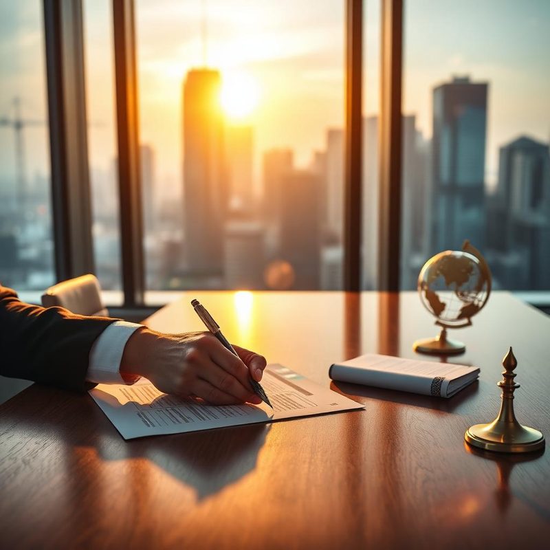Executive signing an investment contract on a walnut conference table with a modern city skyline at golden hour