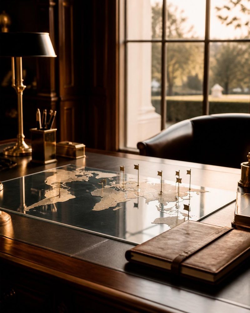 Walnut desk with glass world map, brass flags marking 17 countries and a leather staff roster