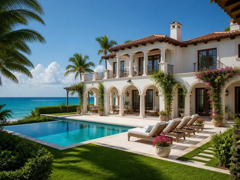 Oceanfront Florida estate with palm trees and turquoise pool on a sunny day