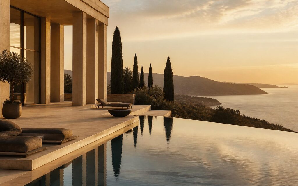 Modern oceanfront luxury residence at dusk with illuminated pool terrace