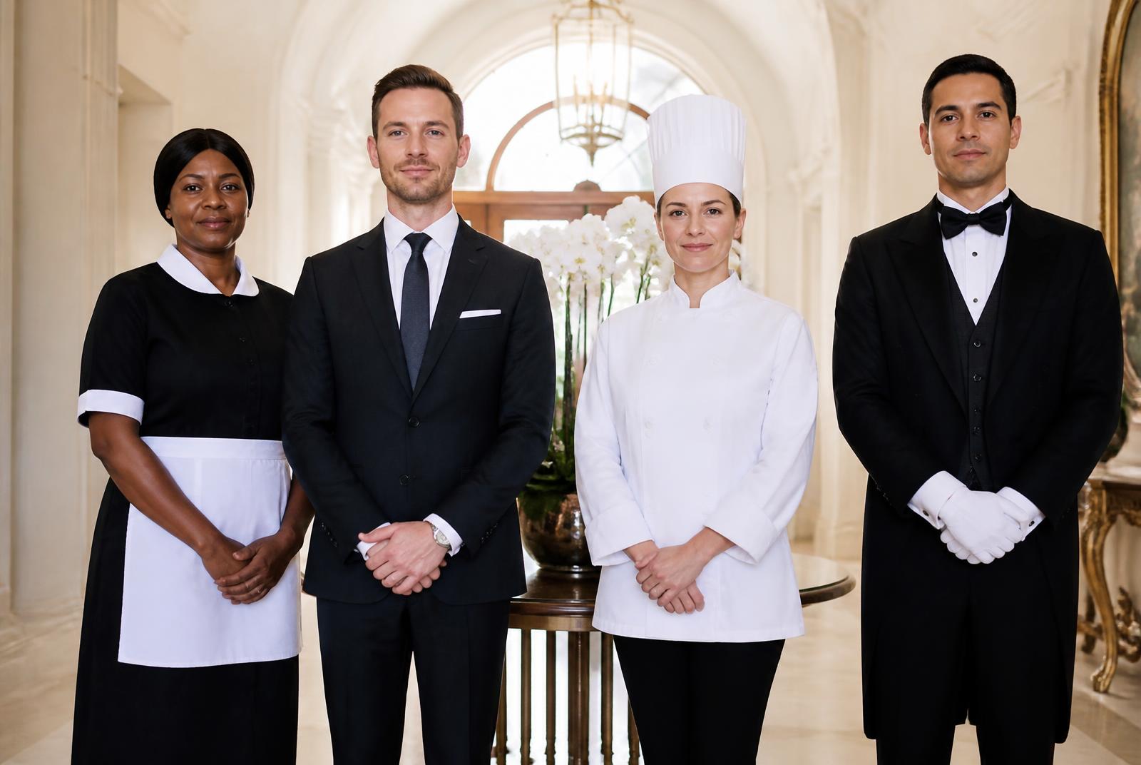 Professional private residence staff prepared for luxury estate operations.