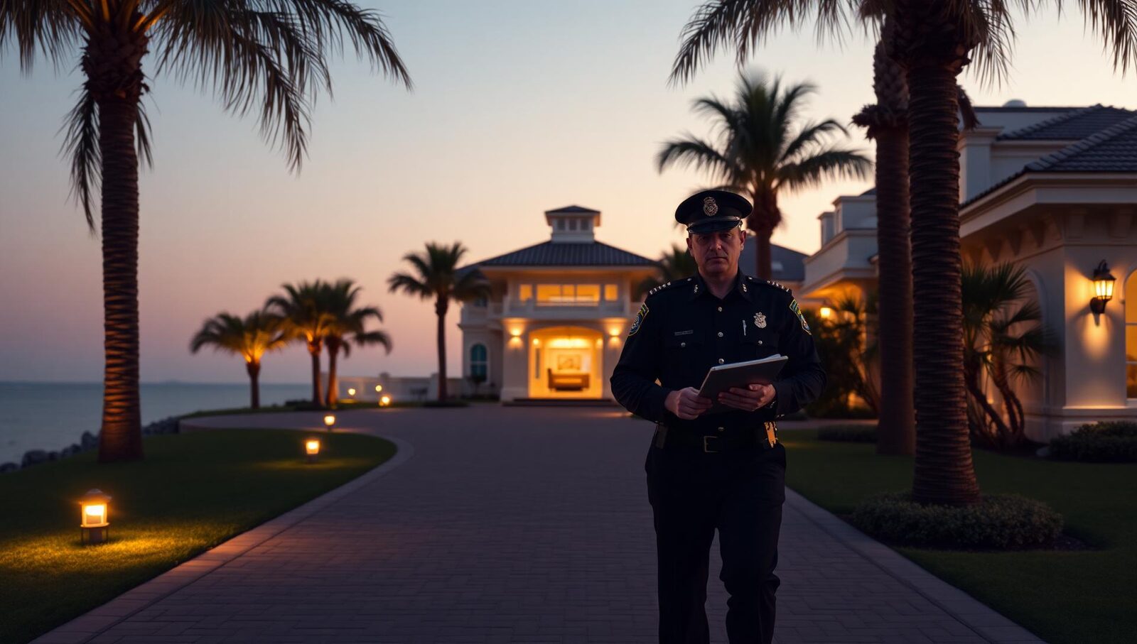 Uniformed home watch inspector approaching a luxury oceanfront estate at dusk