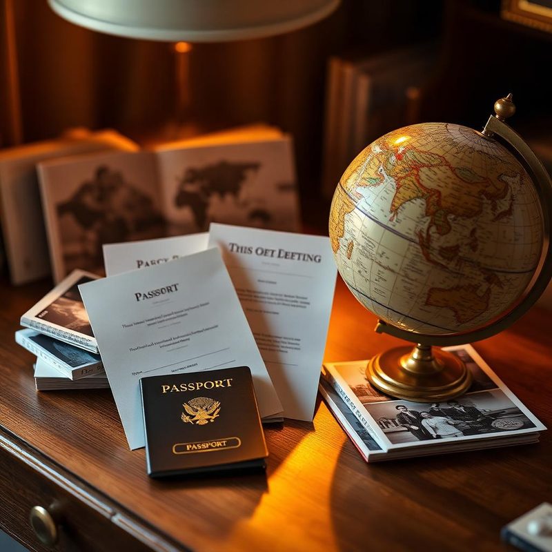 Passports, family photographs and a vintage globe on a walnut desk symbolizing families relocated across three continents