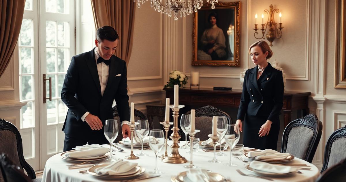 Butler arranging a formal dining table