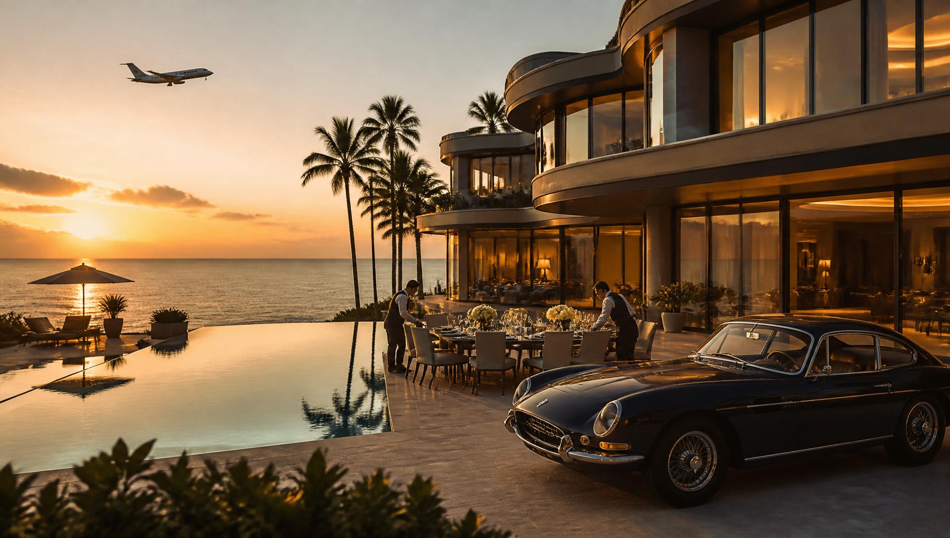 Oceanfront modern estate at golden hour with staff arranging an outdoor dining table, a classic sports car and a private jet in the sky