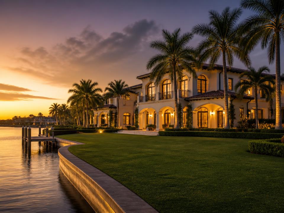 Home watch inspector reviewing a quiet luxury residence at dusk