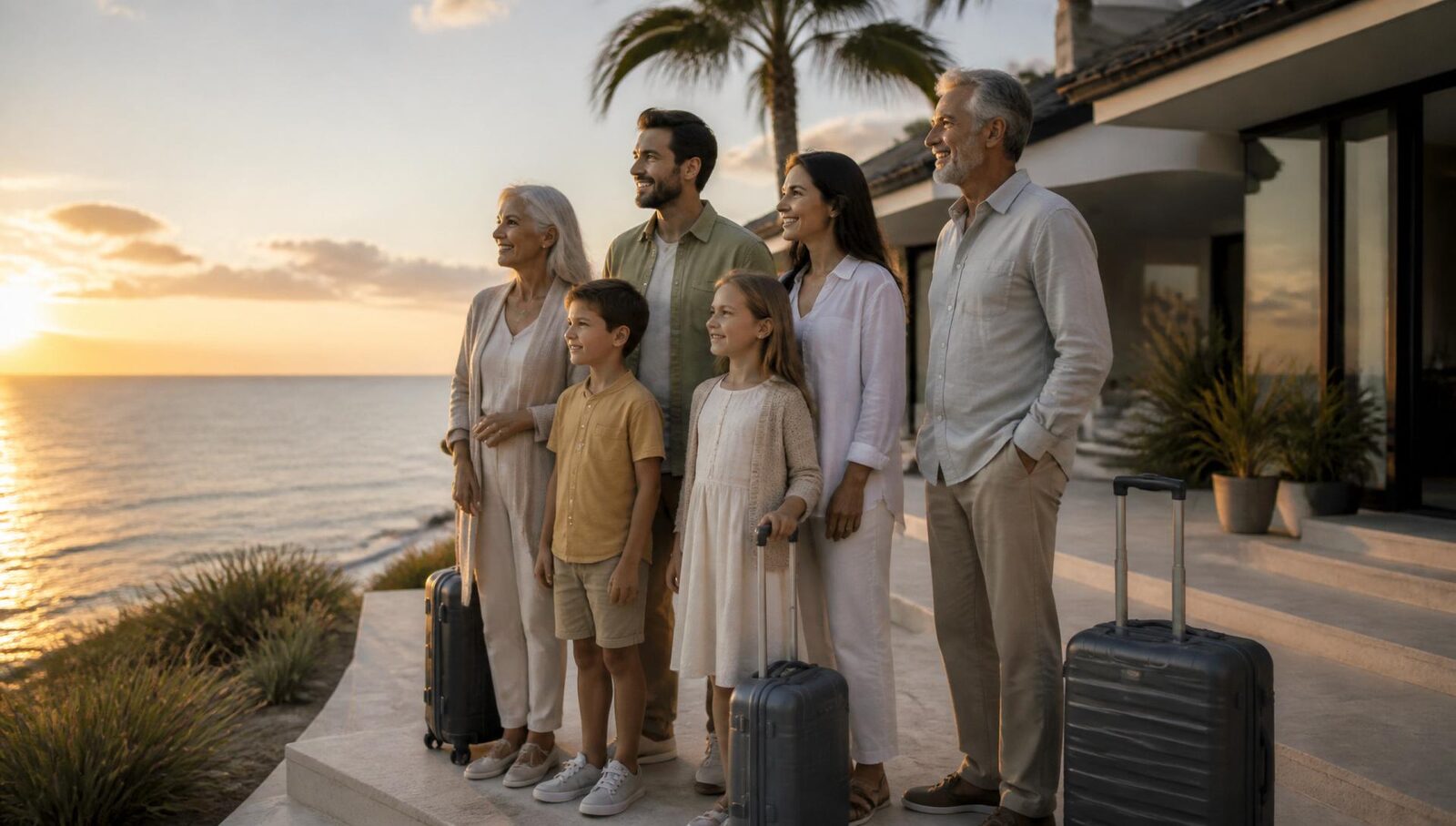 Multigenerational family arriving at an oceanfront villa at golden hour