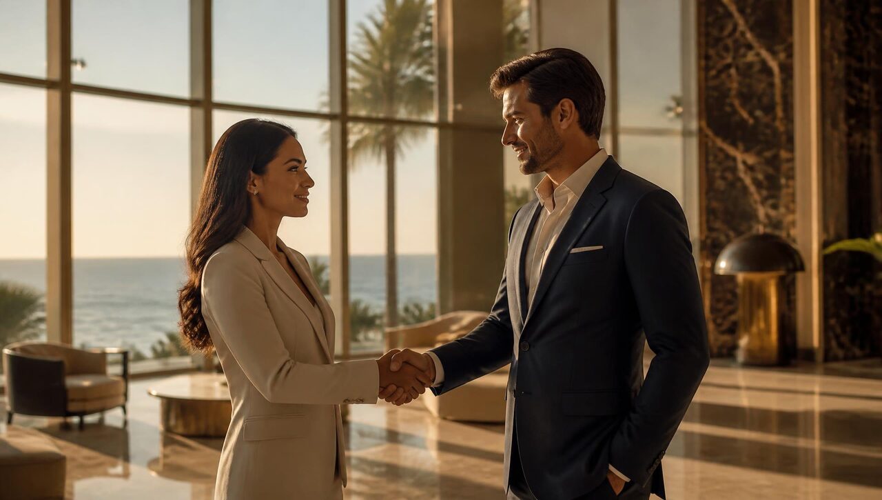 Valmore partner directory: advisors reviewing a partnership agreement in a marble-clad oceanfront lobby