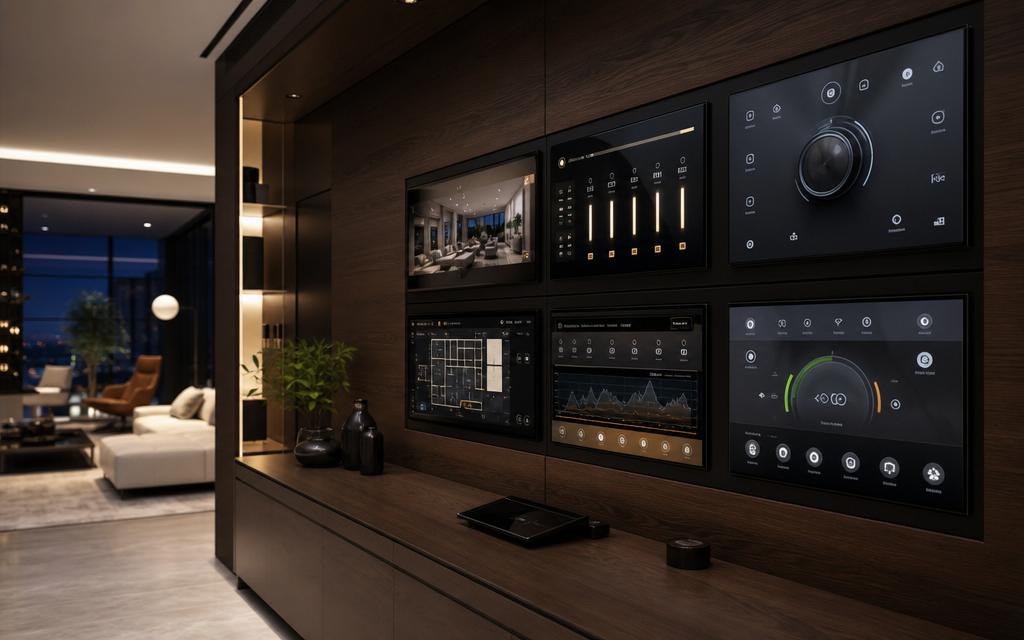 Smart luxury residence control console with touchscreen automation dashboard