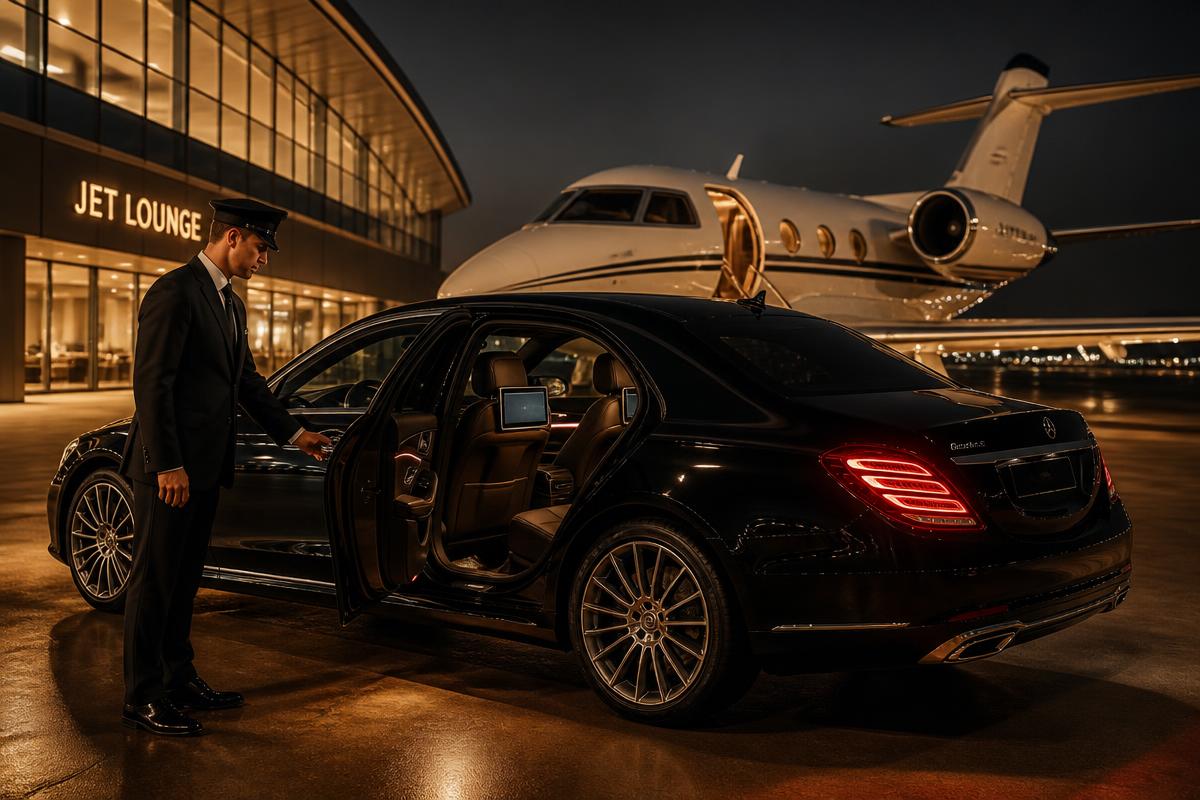 Chauffeur opening the door of a black luxury SUV at a private estate entrance