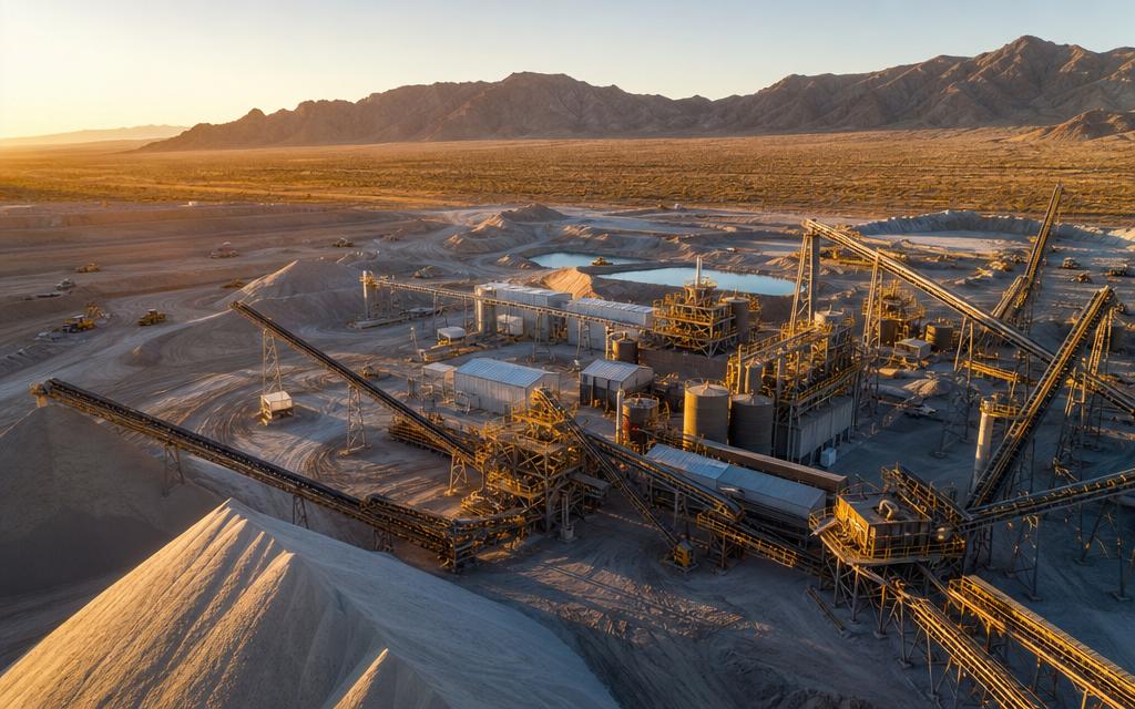 Aerial view of a frac sand processing plant and quarry at golden hour
