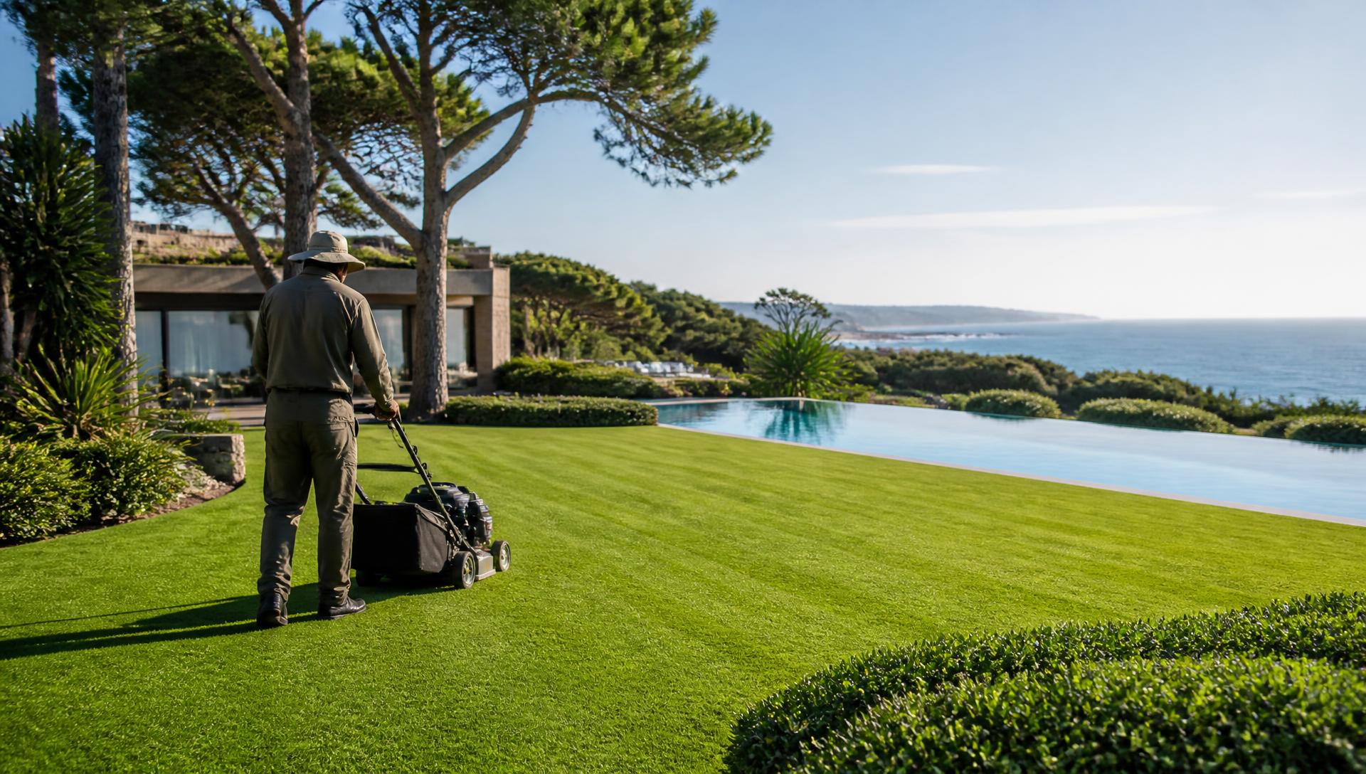 A groundskeeper tends a manicured lawn and pool with ocean views.