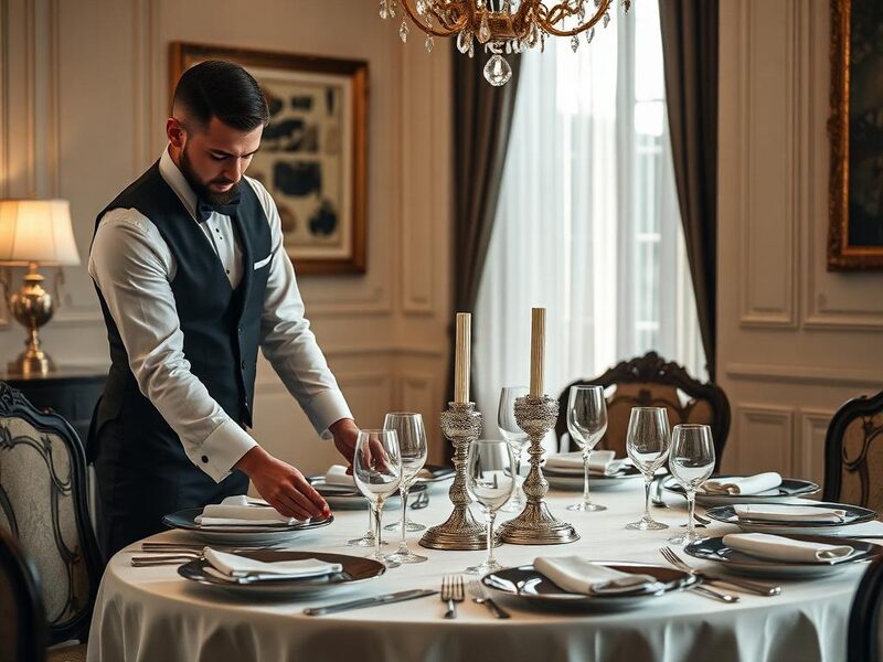 Butler arranging a formal dining table