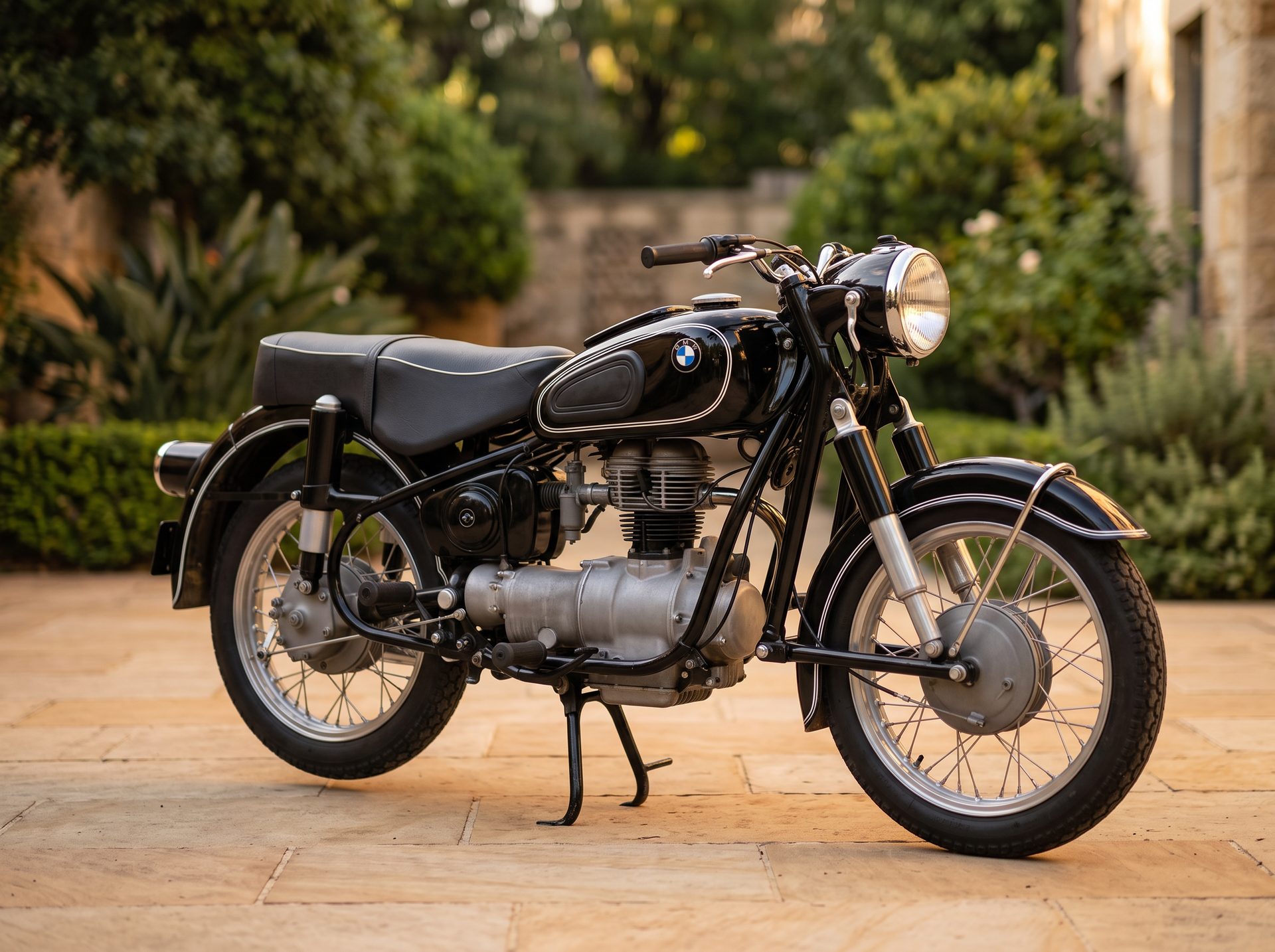 Restored black BMW R27 single-cylinder motorcycle in a private collection courtyard