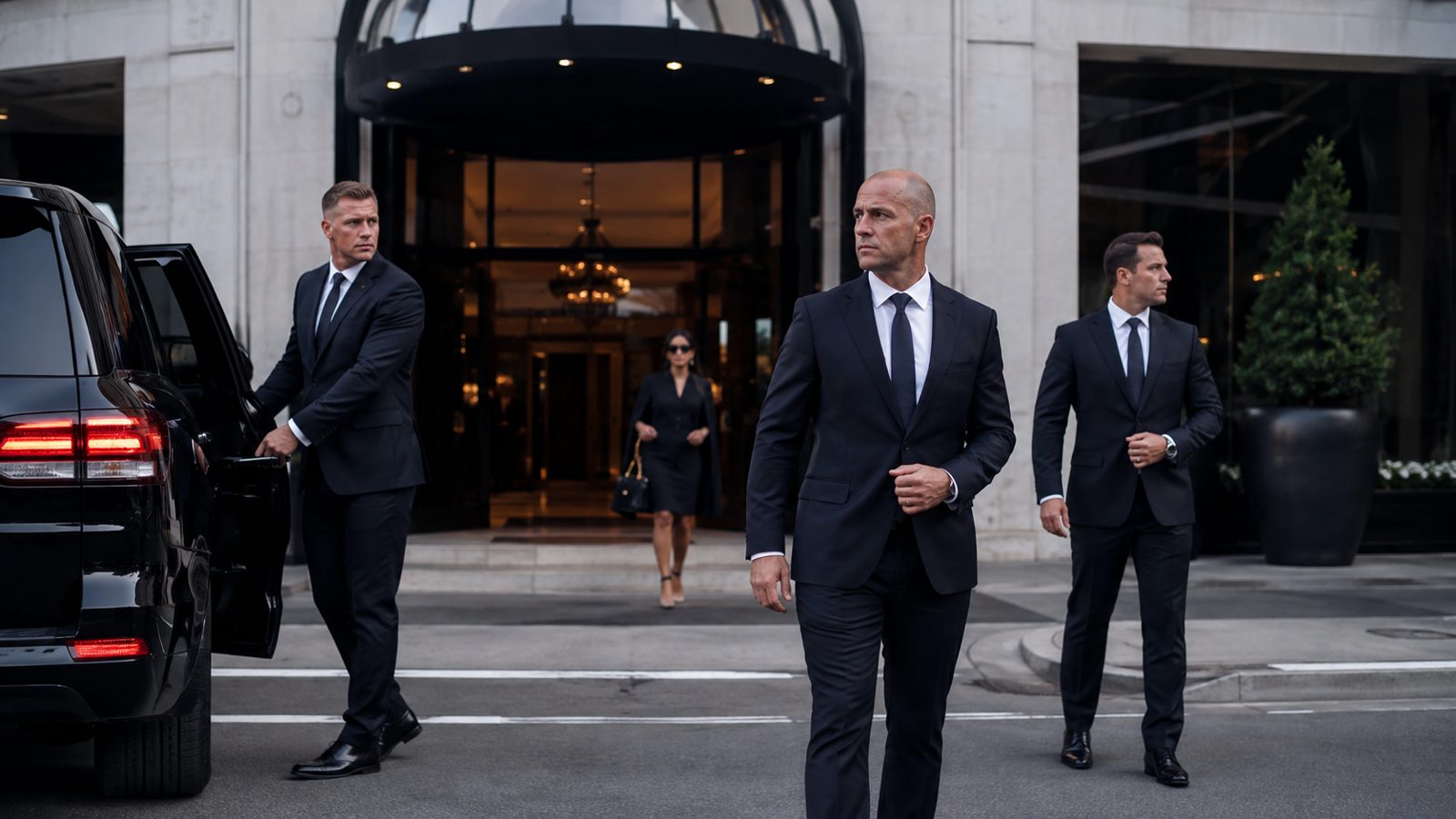 Executive protection team escorting a principal from a hotel entrance