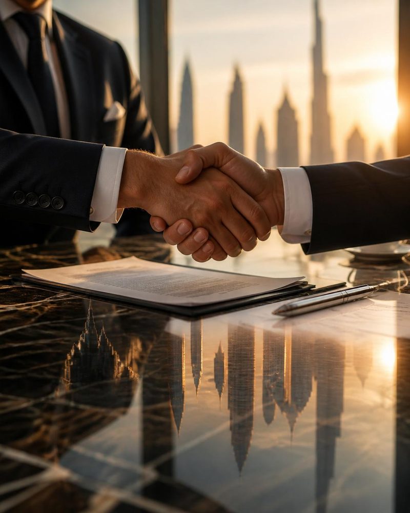 Two professionals shaking hands over a marble table reflecting international city skylines