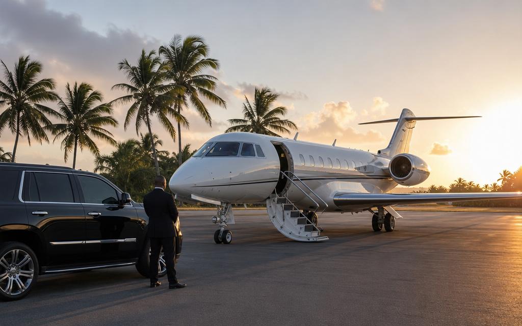Private jet on a tropical tarmac at sunrise with luxury SUV and security detail