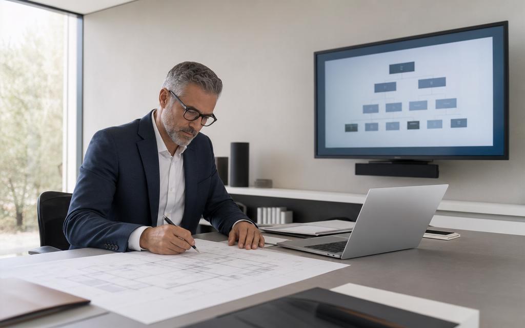 Executive writing at a modern desk with project plans and organizational charts