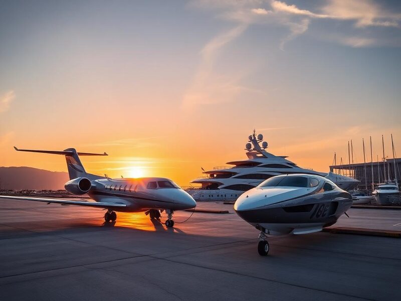 Private jet beside a superyacht at sunset