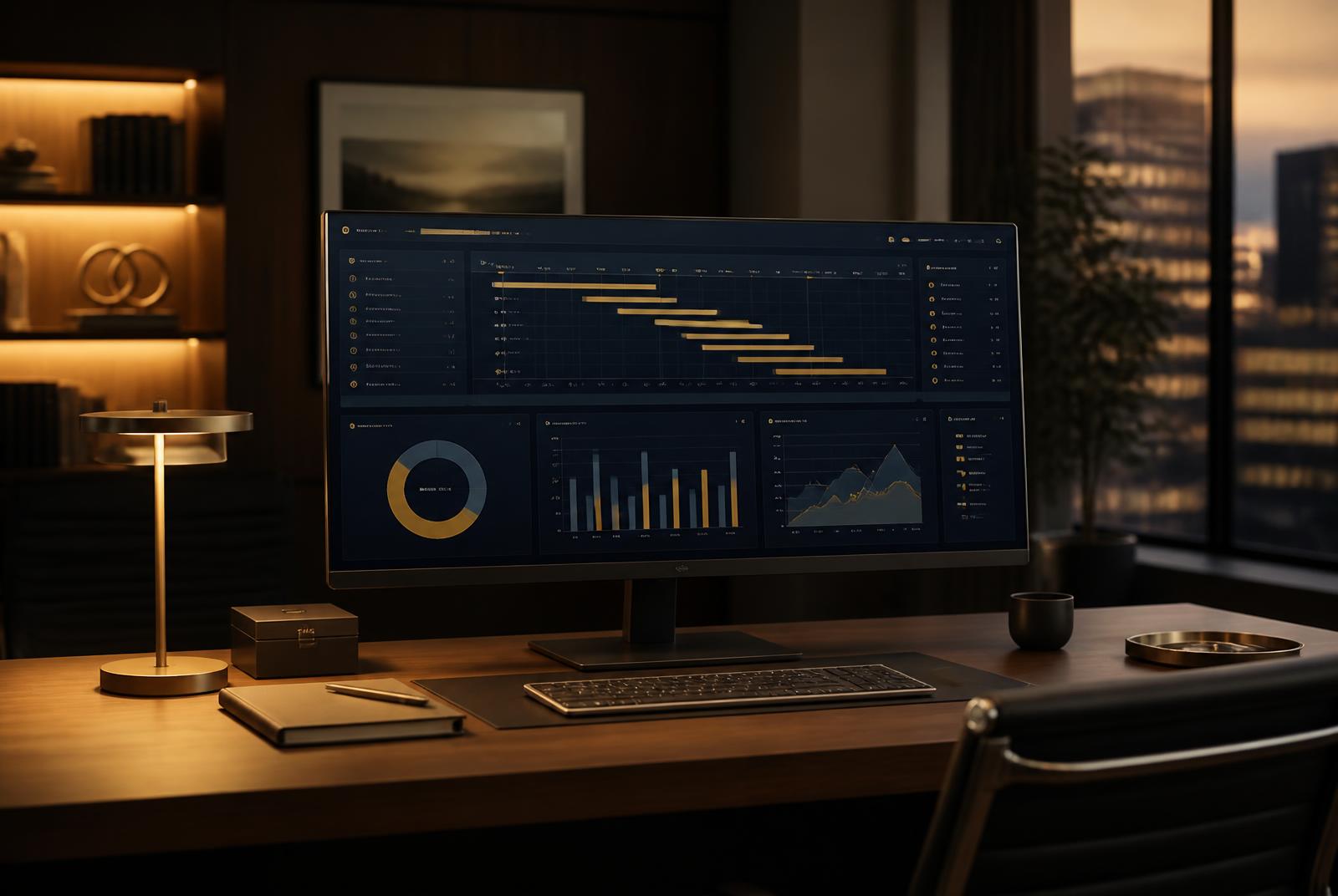 Executive project dashboard for budget, schedule, and operational reporting.