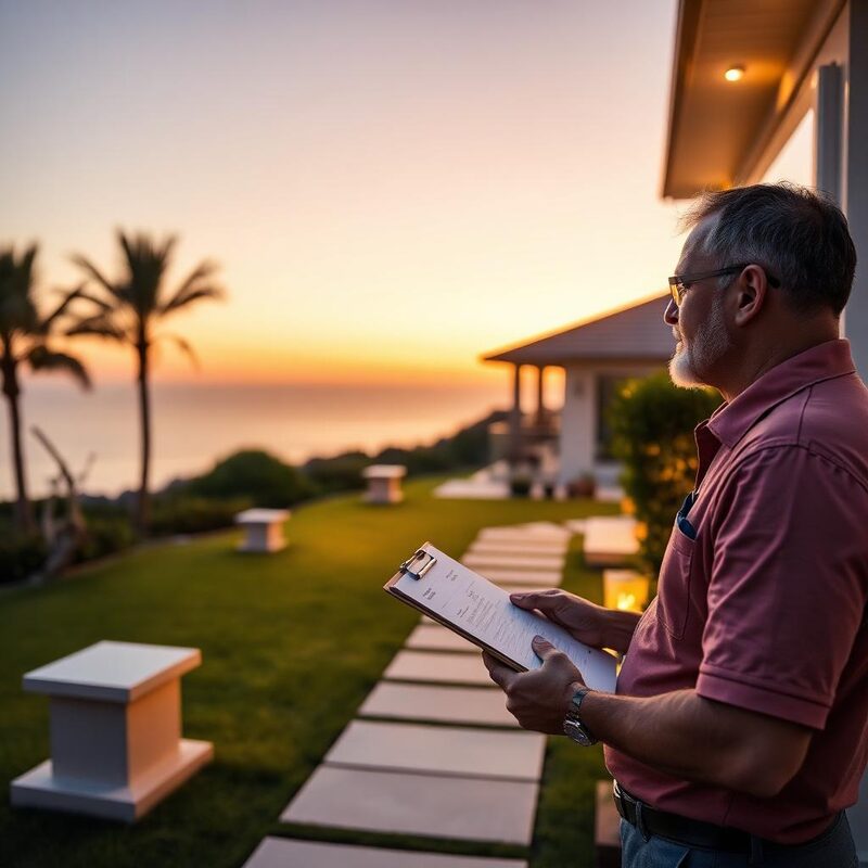 Home watch inspector reviewing a quiet luxury residence at dusk