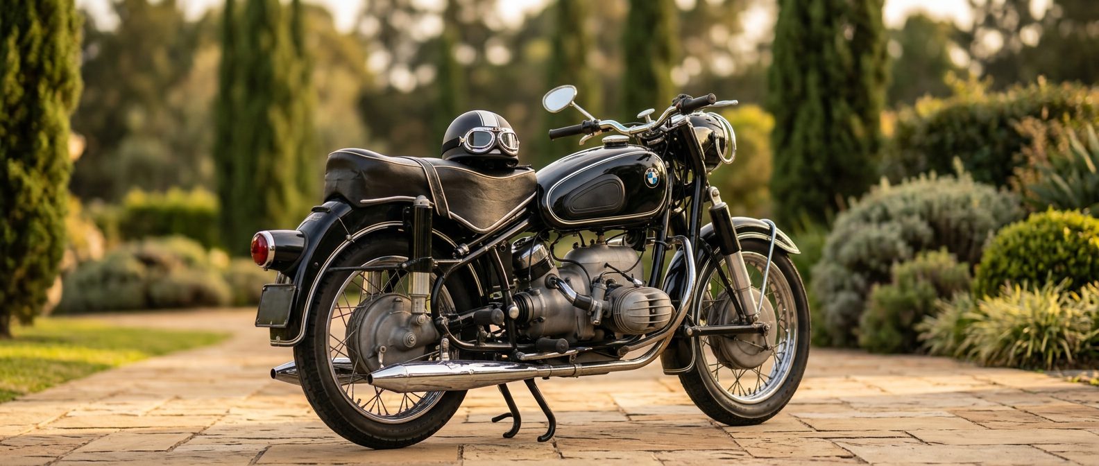 Restored 1960 BMW R60/2 boxer twin on an estate driveway at golden hour