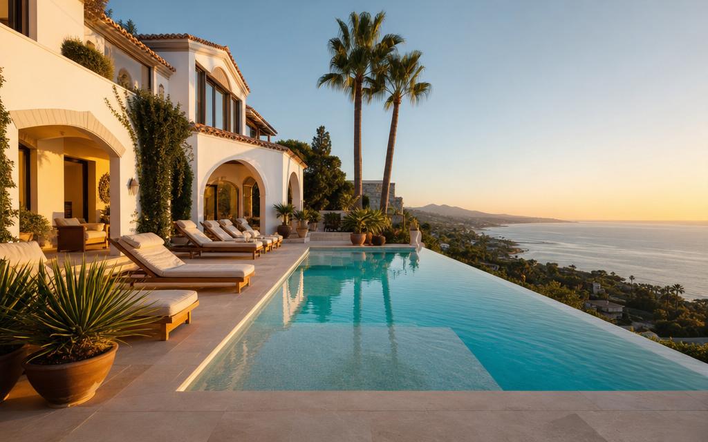 Mediterranean villa in Marbella with terracotta roof and turquoise infinity pool at golden hour