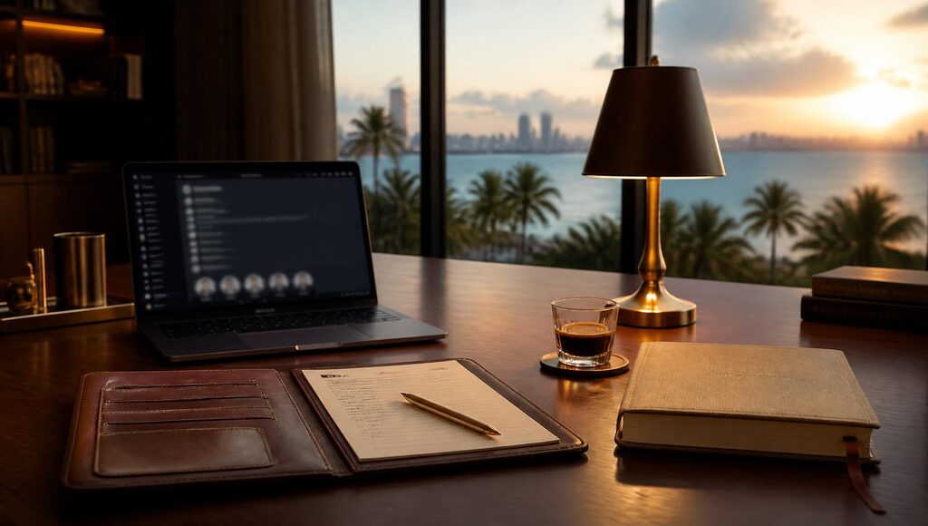 Modern private study at golden hour with an open Microsoft Teams meeting on a laptop