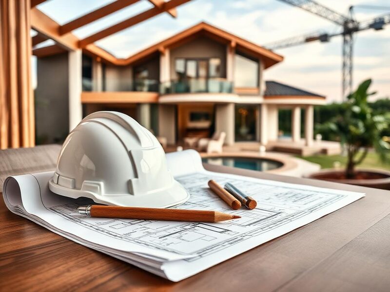 Architectural plans and hard hat on a walnut desk