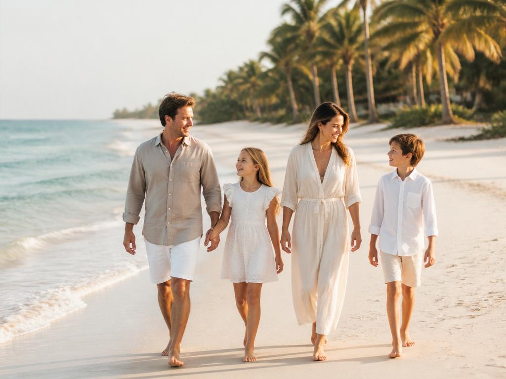 Elegant family of four walking along a beautiful tropical beach at golden hour