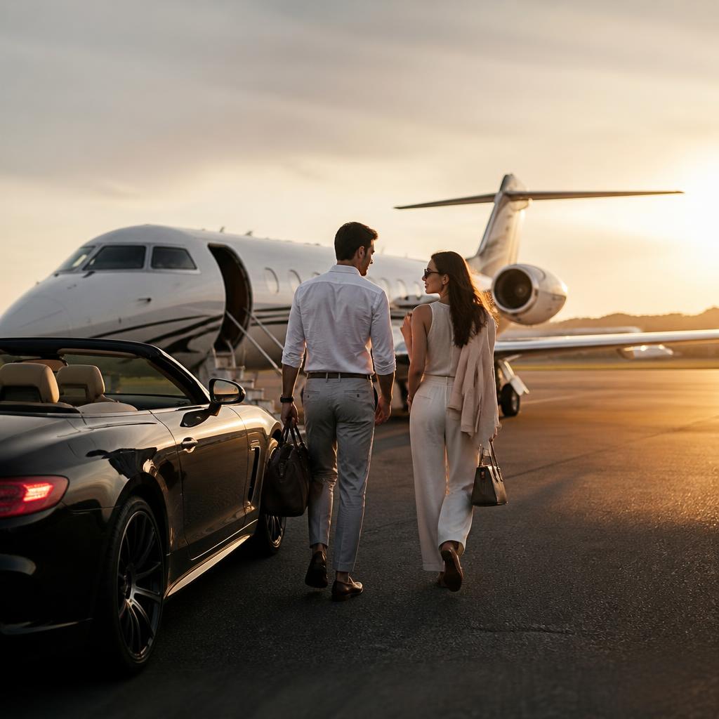Young couple walking from a convertible toward a private jet at golden hour, representing cross-industry lifestyle services