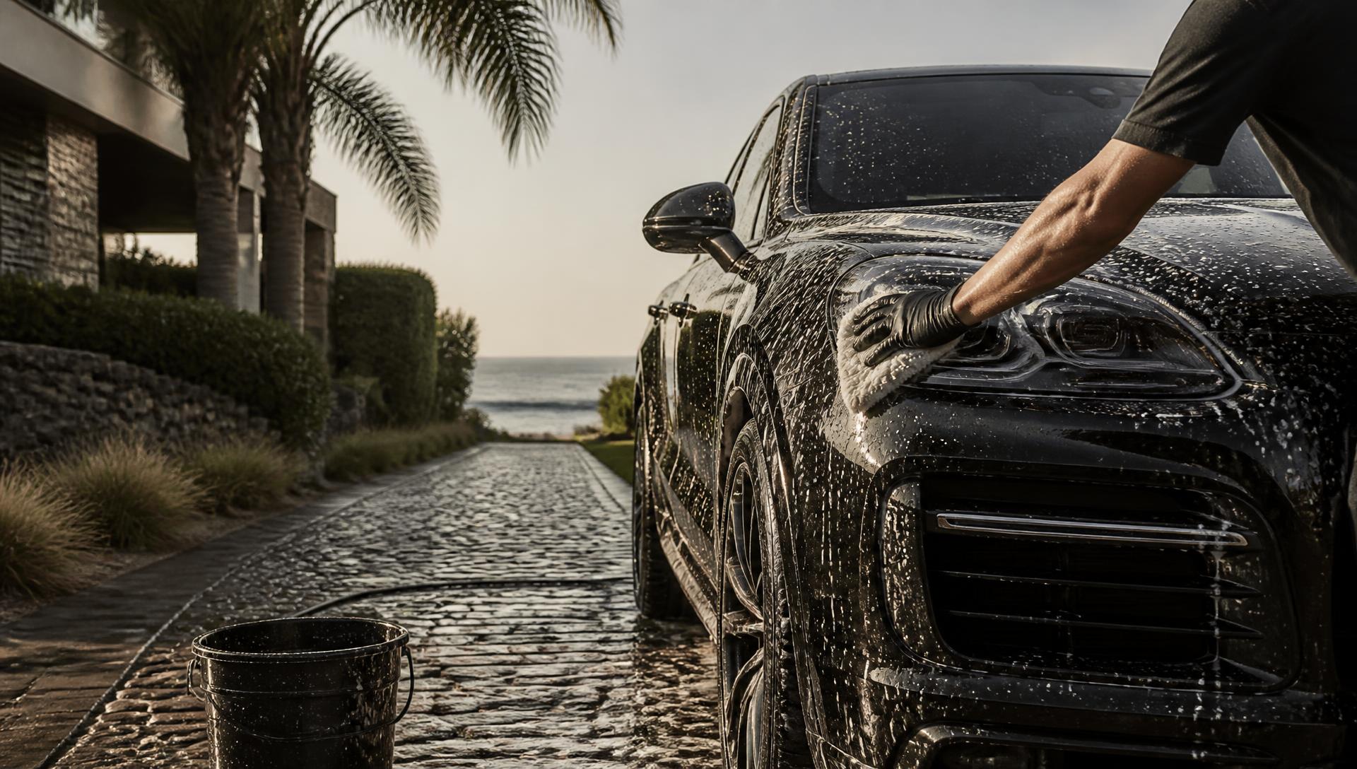 A detailer hand-washes a luxury SUV in a seaside driveway.