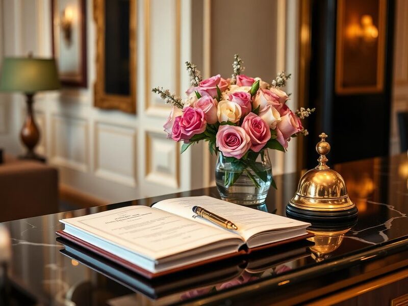 Elegant concierge desk with fresh roses