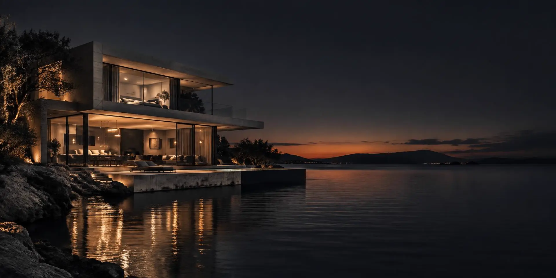 Contemporary waterfront residence at dusk