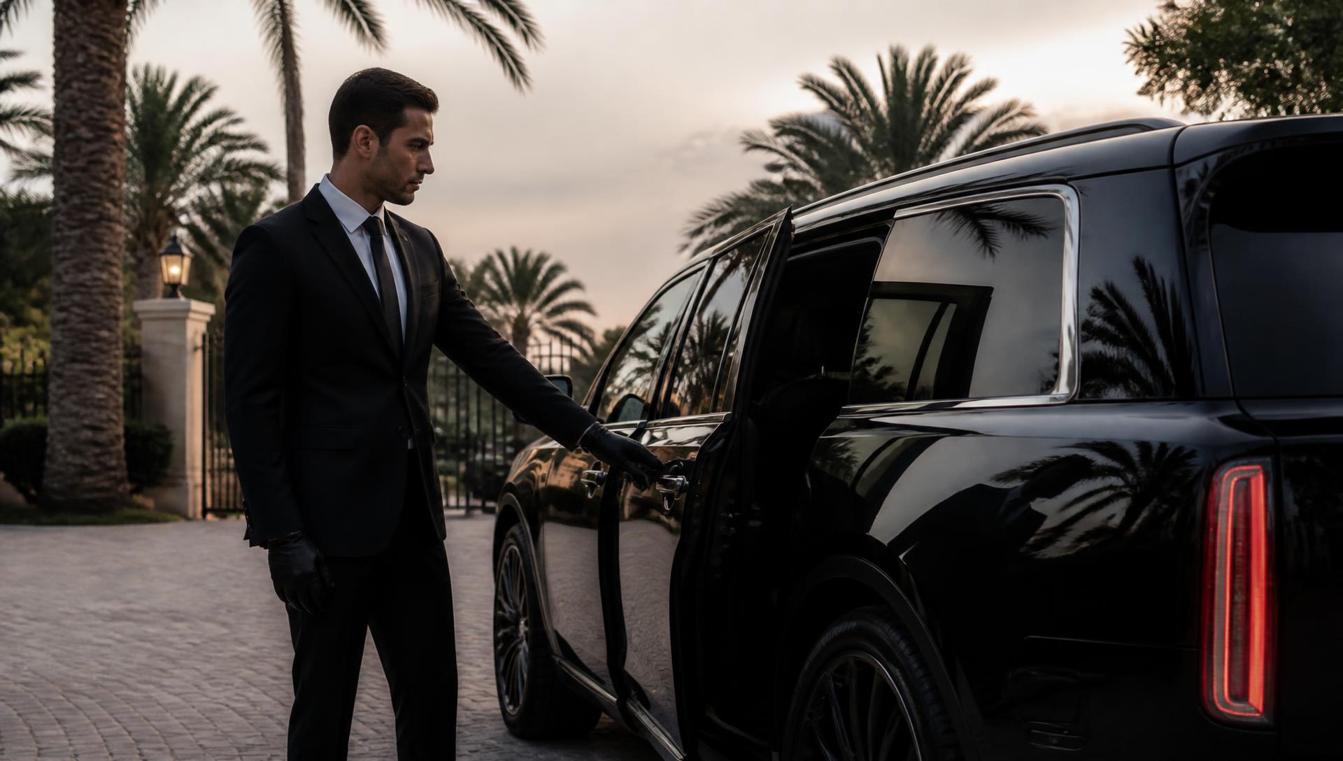 Chauffeur opening the rear door of a black luxury SUV at a private estate entrance at dusk
