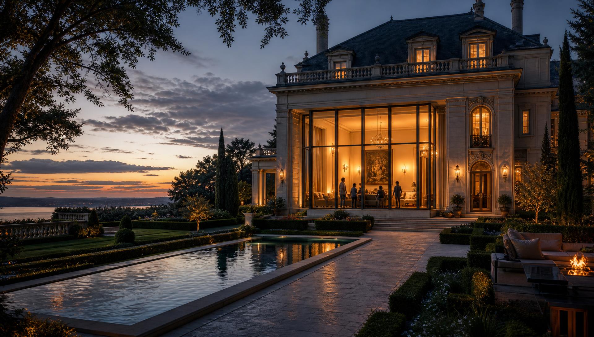 Grand private estate at dusk with warm interior lights, reflecting pool and manicured gardens.