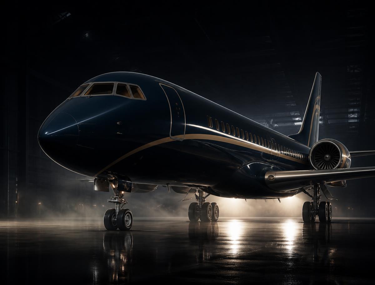VIP widebody airliner nose at dawn in navy and champagne bespoke paint
