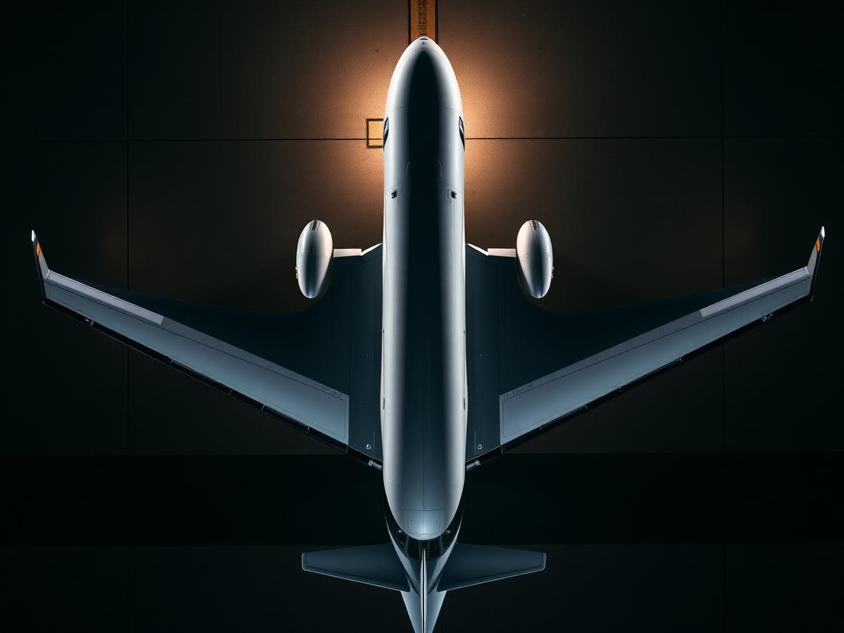 Ultra-long-range flagship jet seen from directly above at night