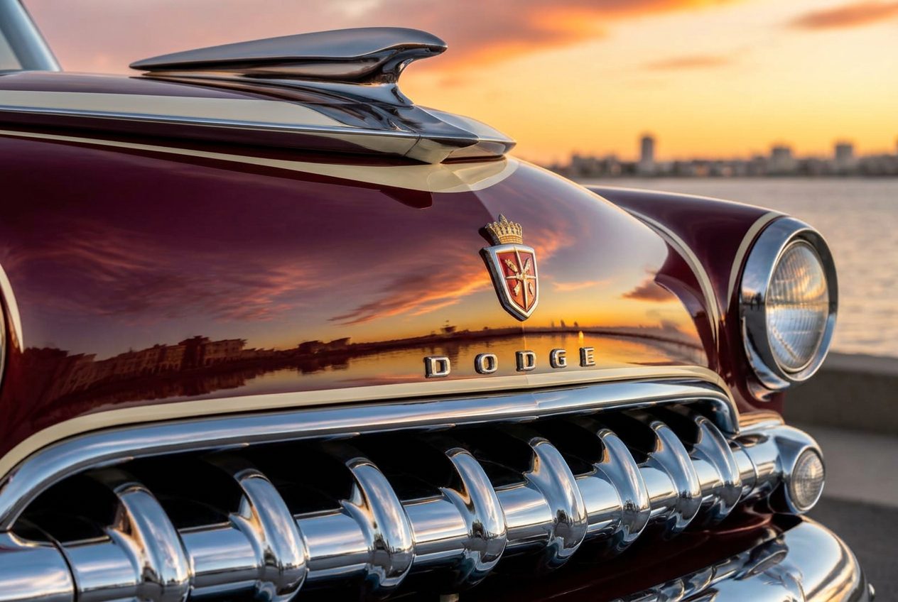 Close-up of the triple-plated chrome grille and badging on the restored 1955 Dodge Kingsway