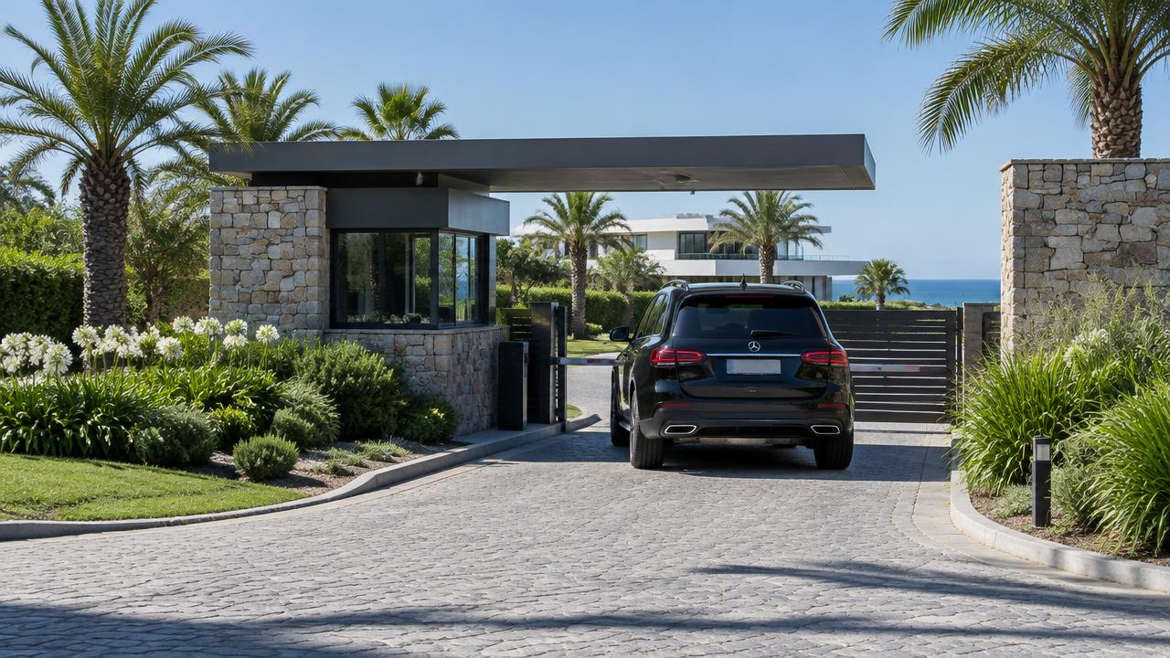 Gated entrance with security post at a private coastal residence in Punta del Este, Uruguay