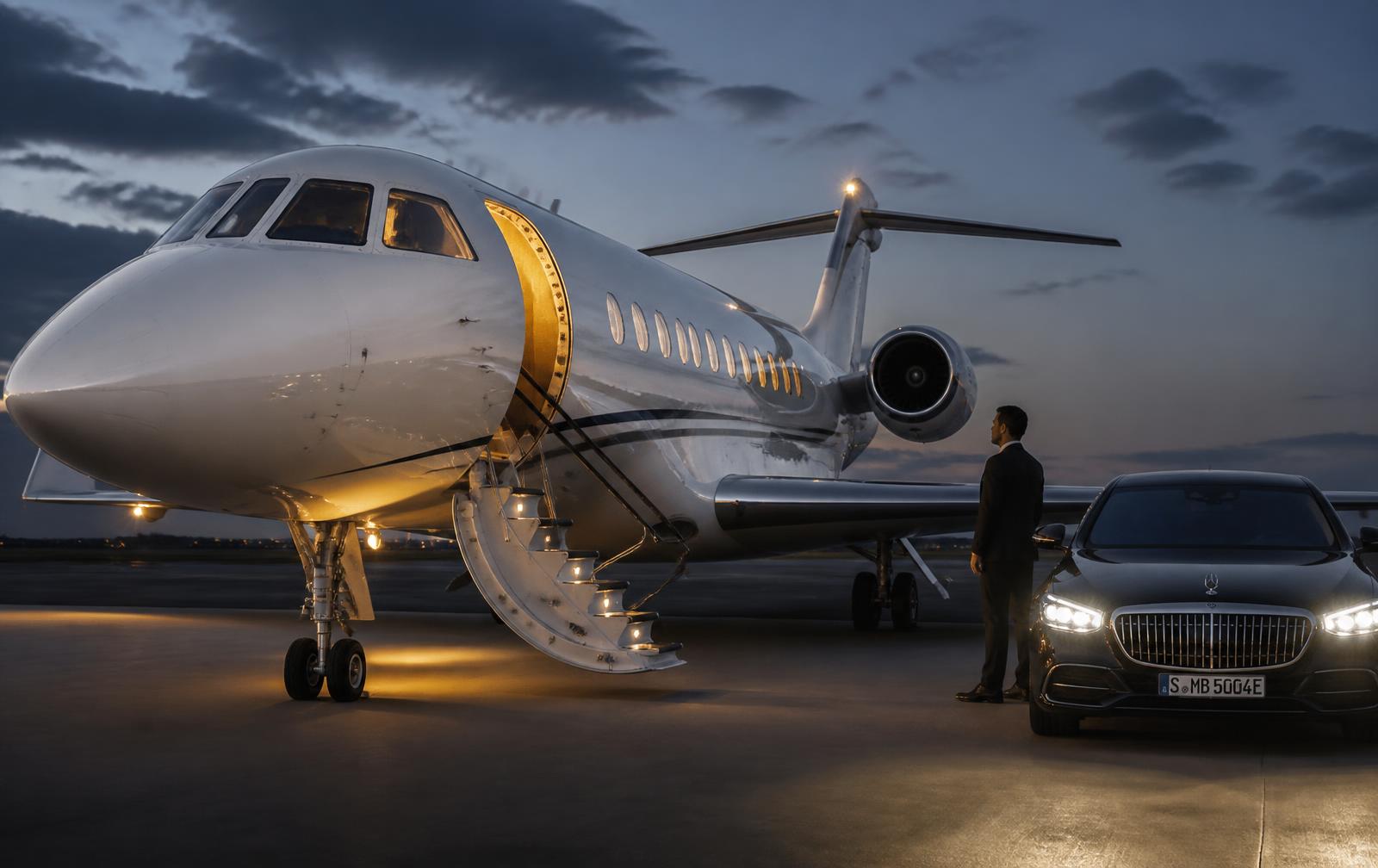 Private jet on a twilight tarmac with a chauffeured sedan waiting at the wing