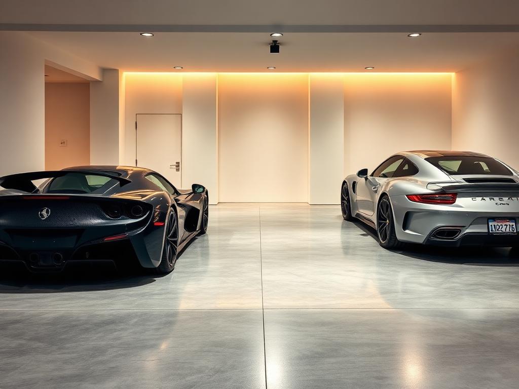 Curated private garage with luxury sports cars under soft ambient lighting